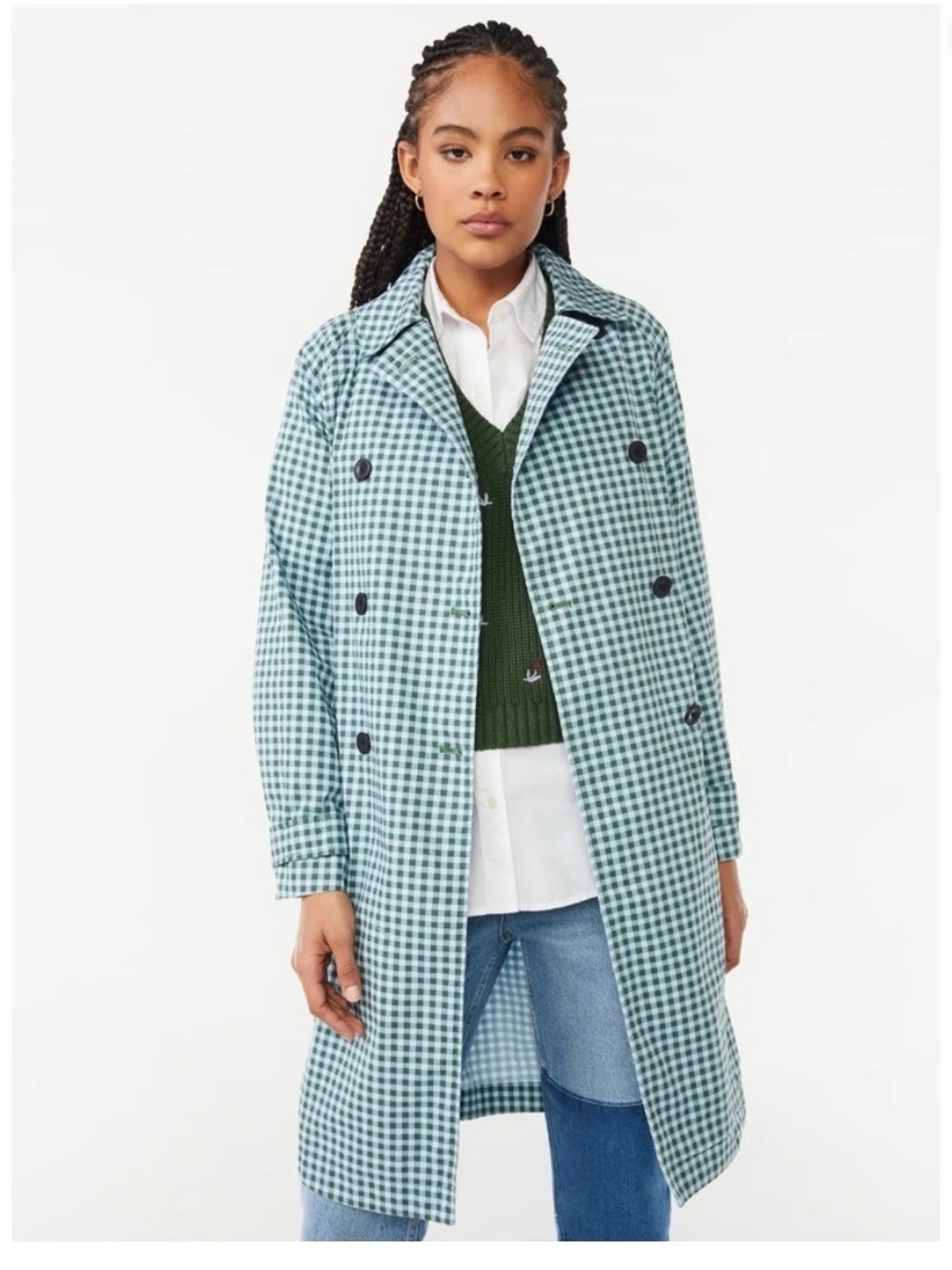 FREE ASSEMBLY Women's Green Baby Blue Gingham Trench Coat Medium